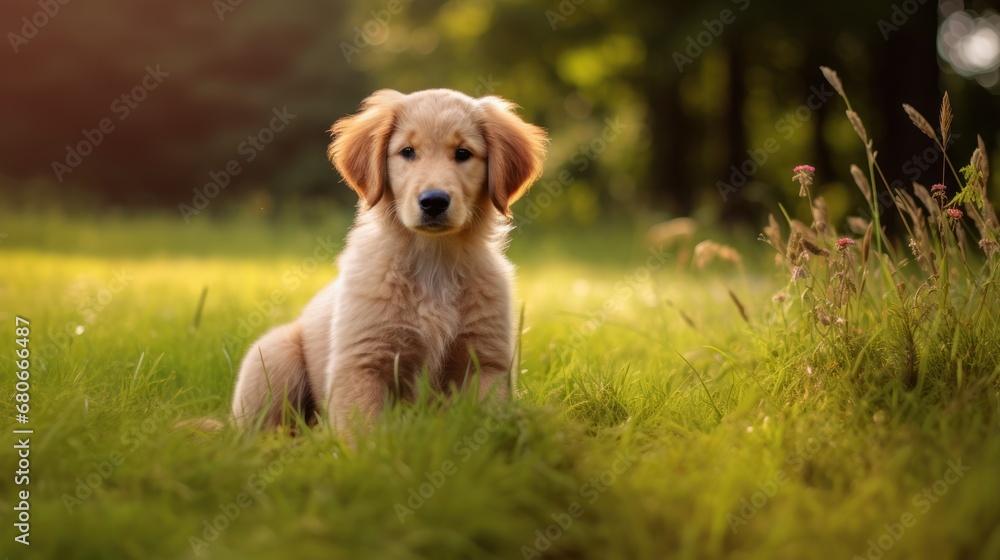 Poster a golden retriever puppy sitting in the middle of a field with tall grass and trees in the back grou