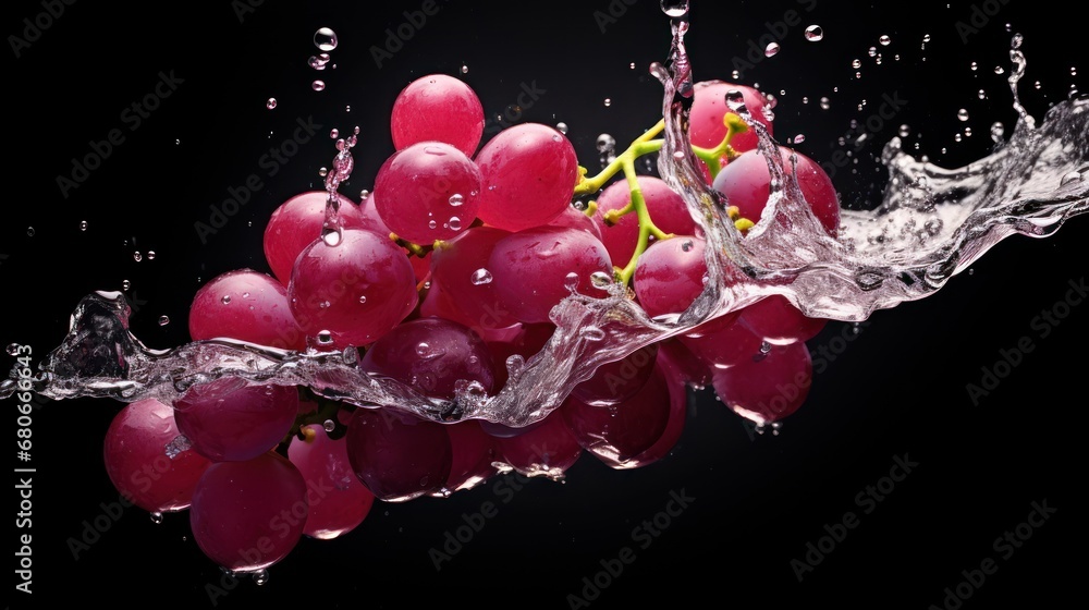 Poster a bunch of grapes with water splashing out of them on a black background with a splash of water on t