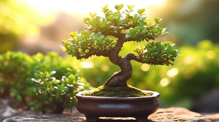 Bonsai tree in pot on wooden table against blurred nature background