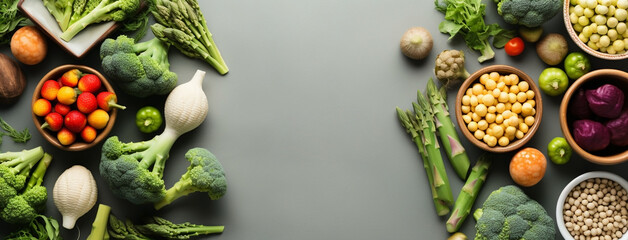 Wide flat lay photograph of vegetarian day banner with different types of vegetables fruits and grains on a table wide empty side for mockup text editing in light gray background 