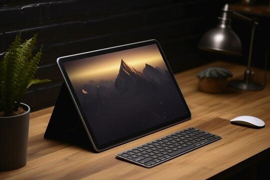 a desktop ipad pro on top of a desk with a keyboard and a mouse