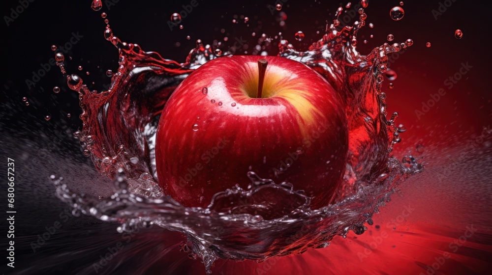 Aufkleber an apple with water splashing on it and a red apple with water splashing on it on a black background