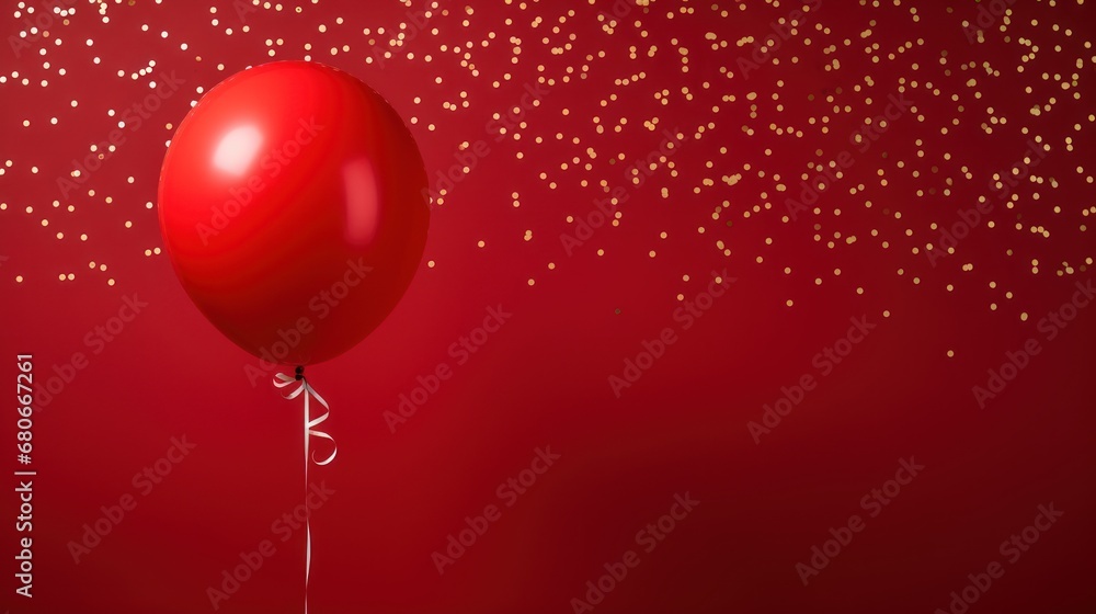 Poster a red balloon with a string attached to it on a red background with gold confetti flecks.