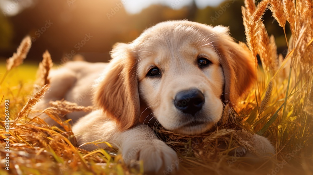 Poster a close up of a dog laying in a field of grass with it's head resting on a stick.