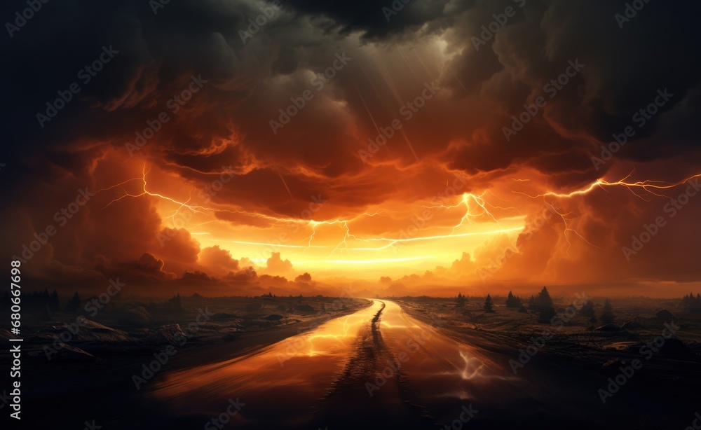 Poster a painting of a road in the middle of a field with a sky full of clouds and lightning above it.