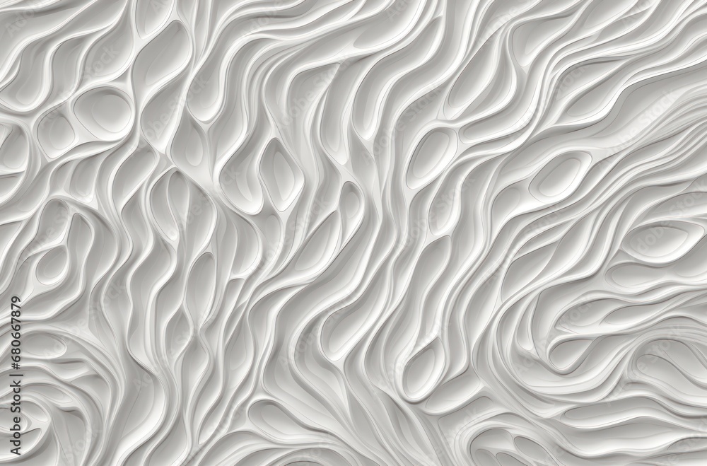 Poster a close up view of a white wall with wavy lines on the surface of the wall and in the center of the 