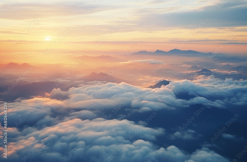 Poster the sun is setting over the clouds in the sky as seen from an airplane window with a view of a mount