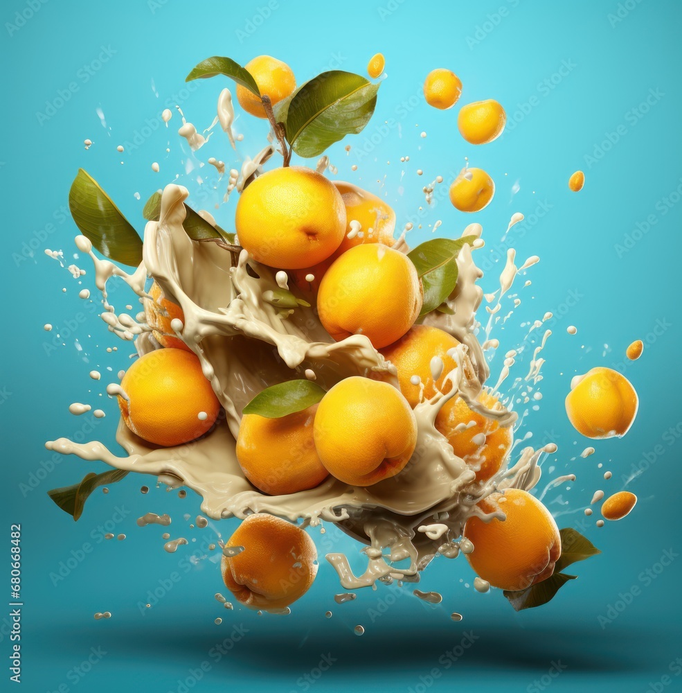 Poster a splash of milk with oranges and leaves on a blue background with a splash of milk and oranges on a
