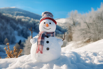Obraz premium Snowman in a Beautiful Sunny Winter Day Cheerful snowman in a snowy meadow