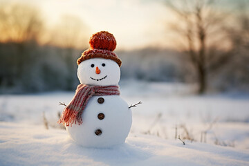Snowman in a Beautiful Sunny Winter Day Cheerful snowman in a snowy meadow