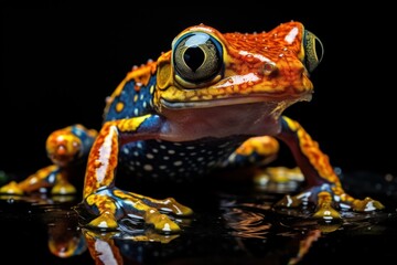  a yellow and blue frog sitting on top of a black surface with a reflection of it's face in the water.
