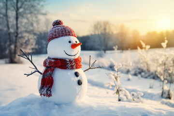 Obraz premium Snowman in a Beautiful Sunny Winter Day Cheerful snowman in a snowy meadow