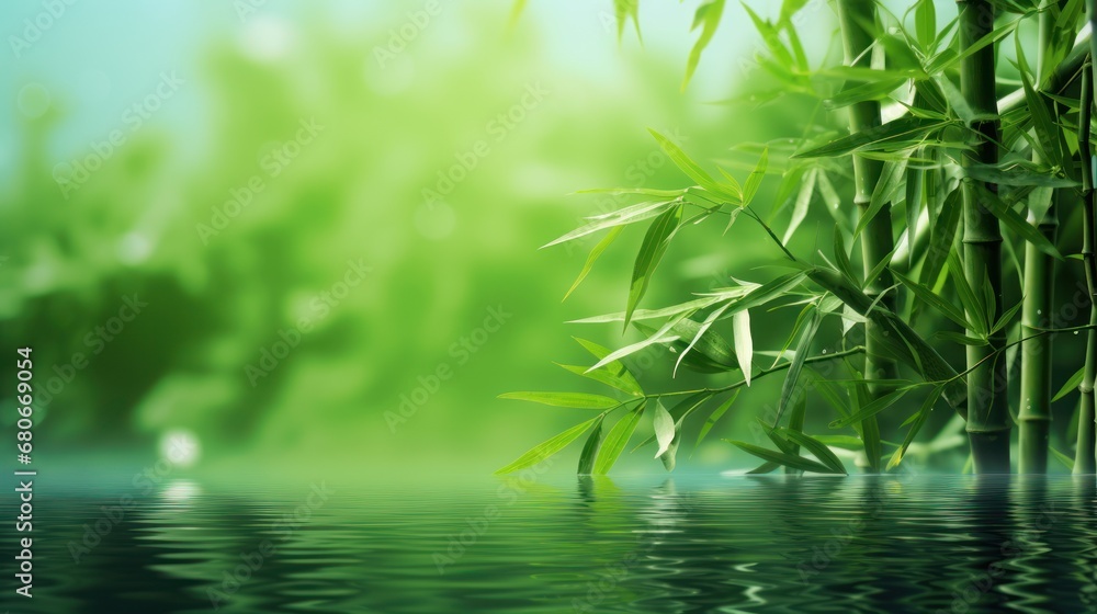 Poster a blurry image of a bamboo tree with water in the foreground and a blurry image of a bamboo tree in 