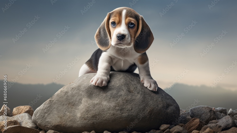 Poster a puppy sitting on top of a rock on top of a pile of rocks with a cloudy sky in the background.