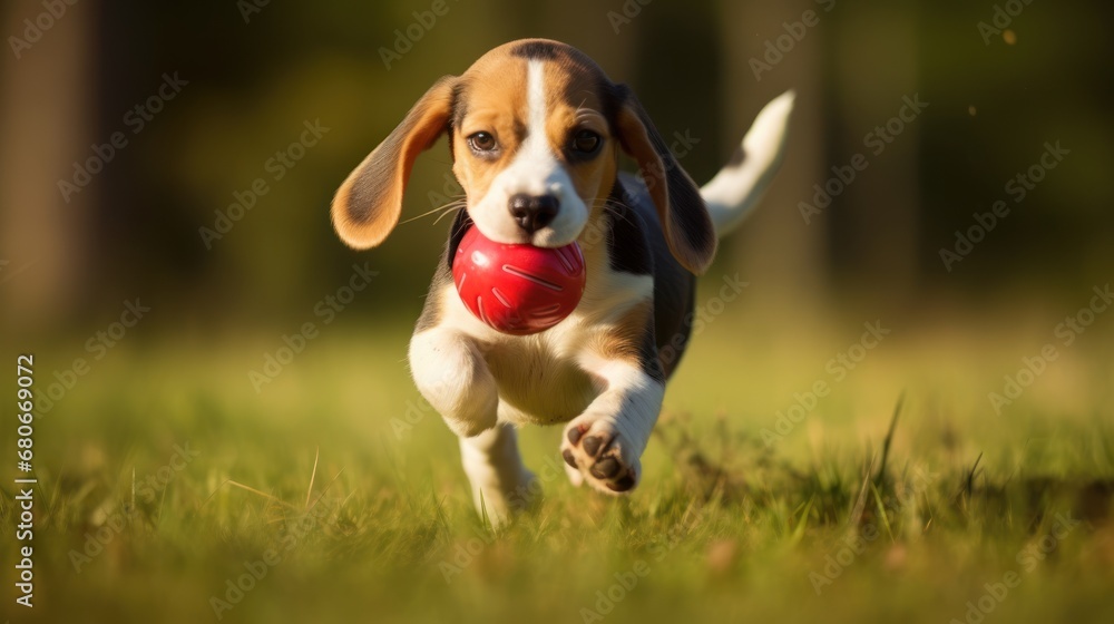 Poster a small beagle puppy running with a red ball in it's mouth in a grassy area with trees in the backgr