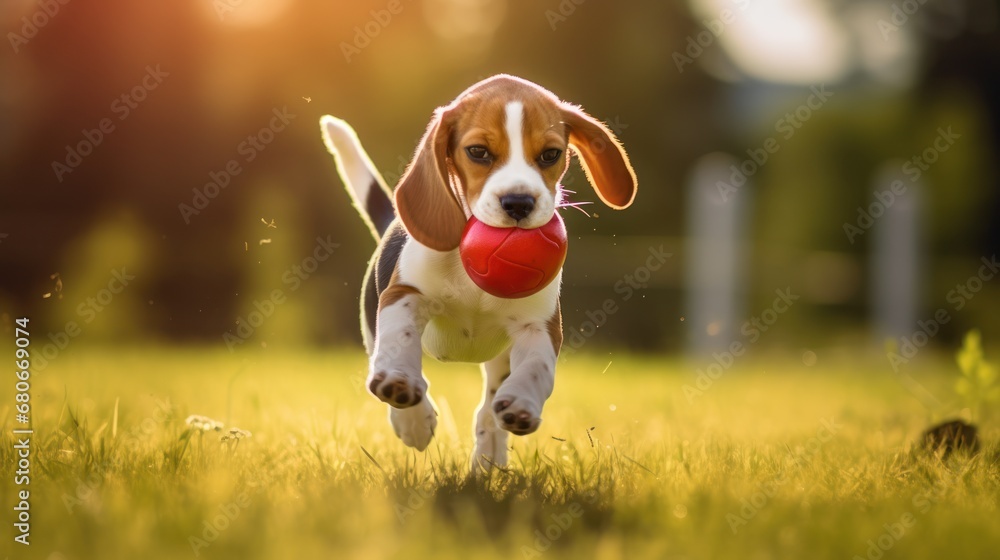 Poster a beagle puppy running through the grass with a red ball in it's mouth and a blurry background.