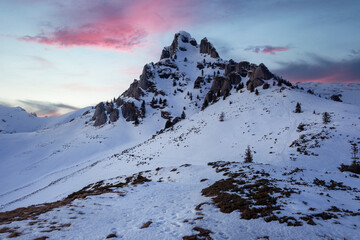 Panoramic view of Mount Ciucas peak at a sunset on winter, Carpathians