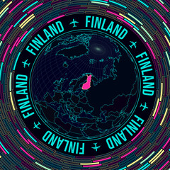 Finland on globe. Satellite view of the world centered on Finland. Bright neon style. Futuristic radial bricks background. Radiant vector illustration.