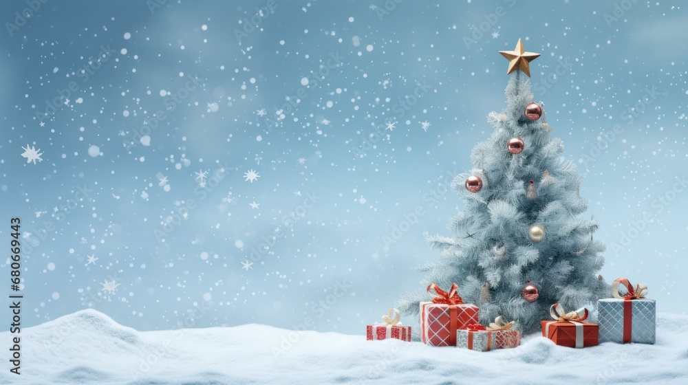Poster a christmas tree with presents in front of it and snow falling on the ground and a star on top of it