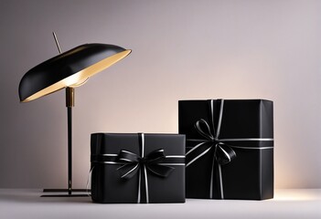 black christmas packages next to a lamp