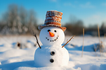 Obraz premium Snowman in a Beautiful Sunny Winter Day Cheerful snowman in a snowy meadow