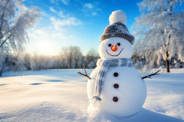 Obraz premium Snowman in a Beautiful Sunny Winter Day Cheerful snowman in a snowy meadow