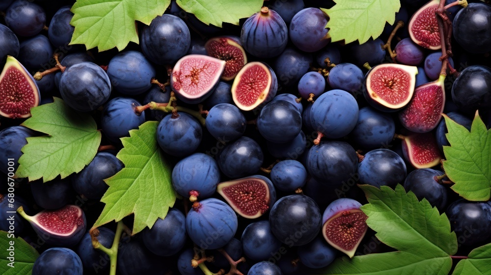 Poster a close up of a bunch of grapes and figs with green leaves on the top of the grape tree.