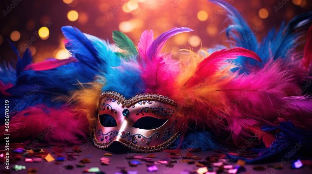 Poster a masquerade mask with colorful feathers and confetti on a purple and pink background with sparkles.