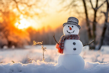 Obraz premium Snowman in a Beautiful Sunny Winter Day Cheerful snowman in a snowy meadow