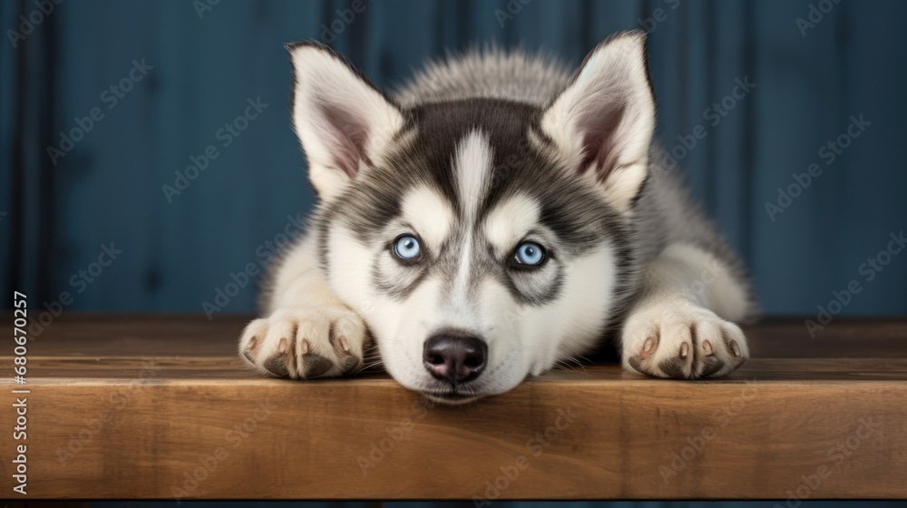 Poster a close up of a dog laying on a table with its head on a table top with it's paws on the edge of the