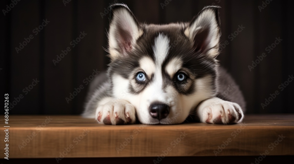Poster a close up of a dog laying on a table with its head resting on a table with its paws on the table.