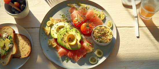 Avocado toast with salmon, avocado and microgreens on a plate