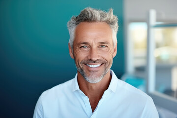 portrait of smiling handsome middle-aged man with gray hair looking at the camera - obrazy, fototapety, plakaty