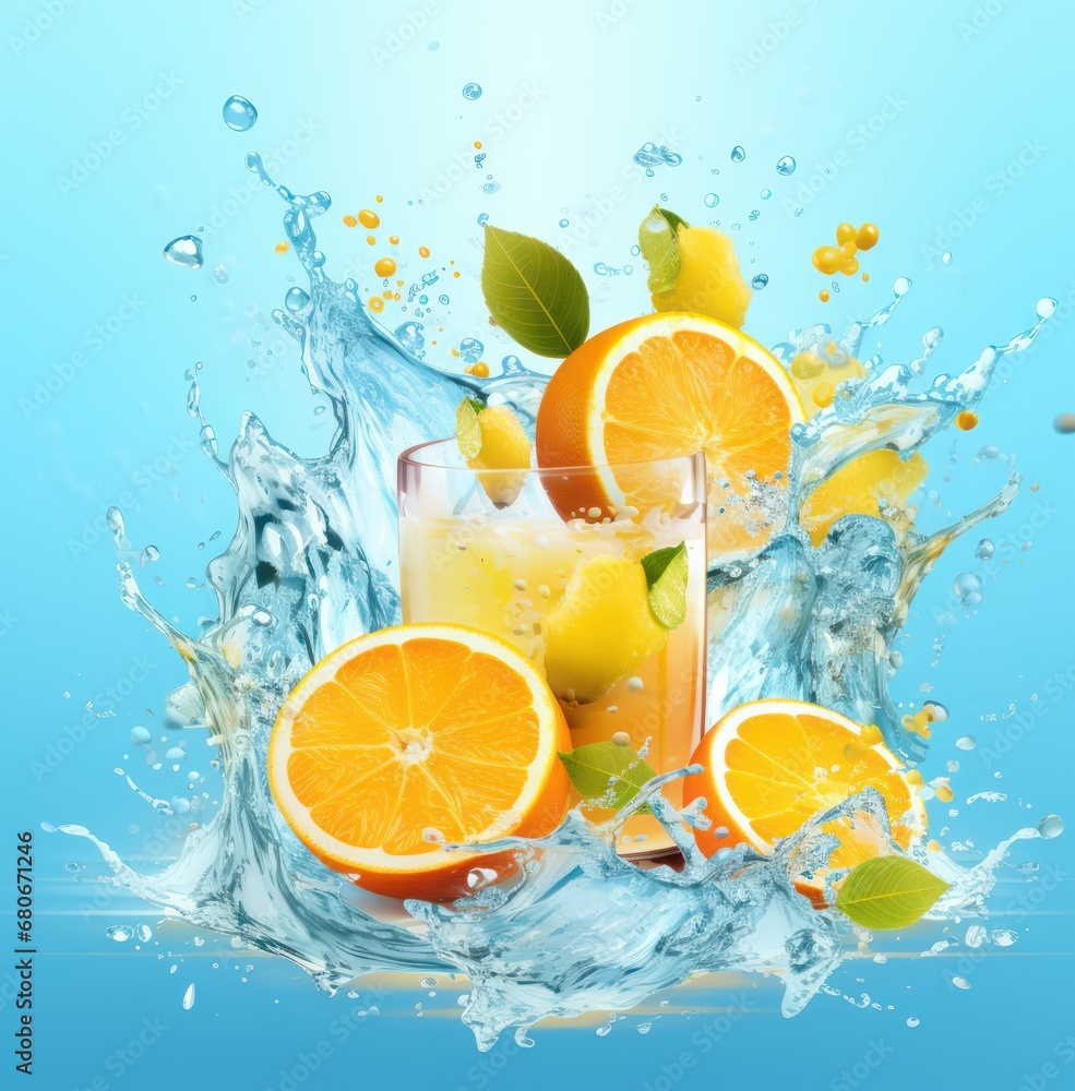 Wall mural oranges and lemons are splashing into a glass of water with a splash of water on the side.