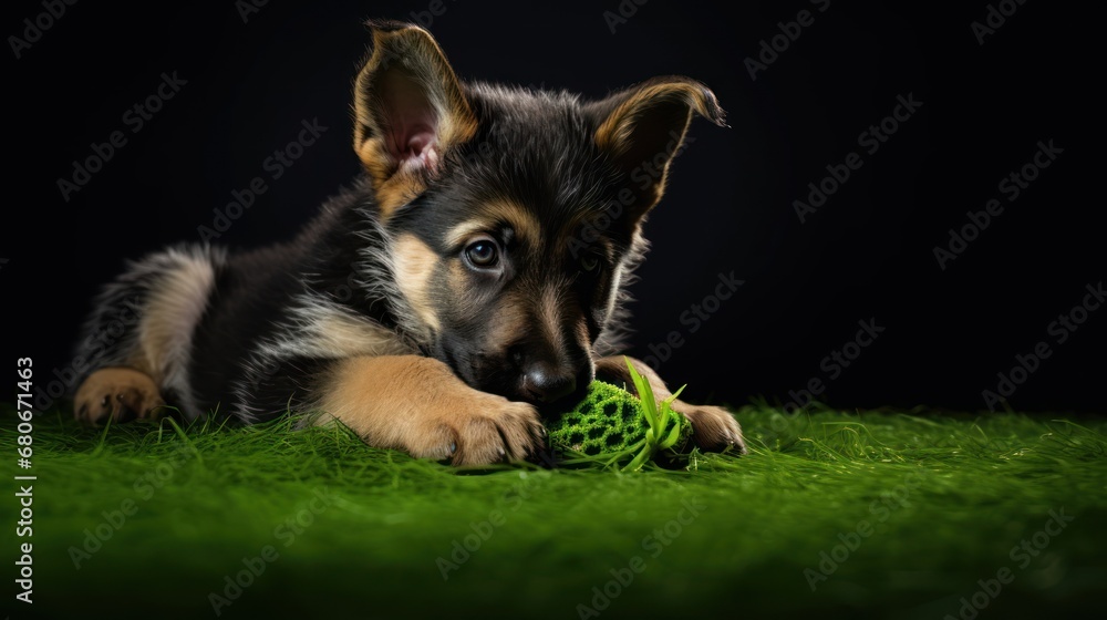 Poster a black and brown puppy chewing on a green toy on a green grass covered floor in front of a black ba