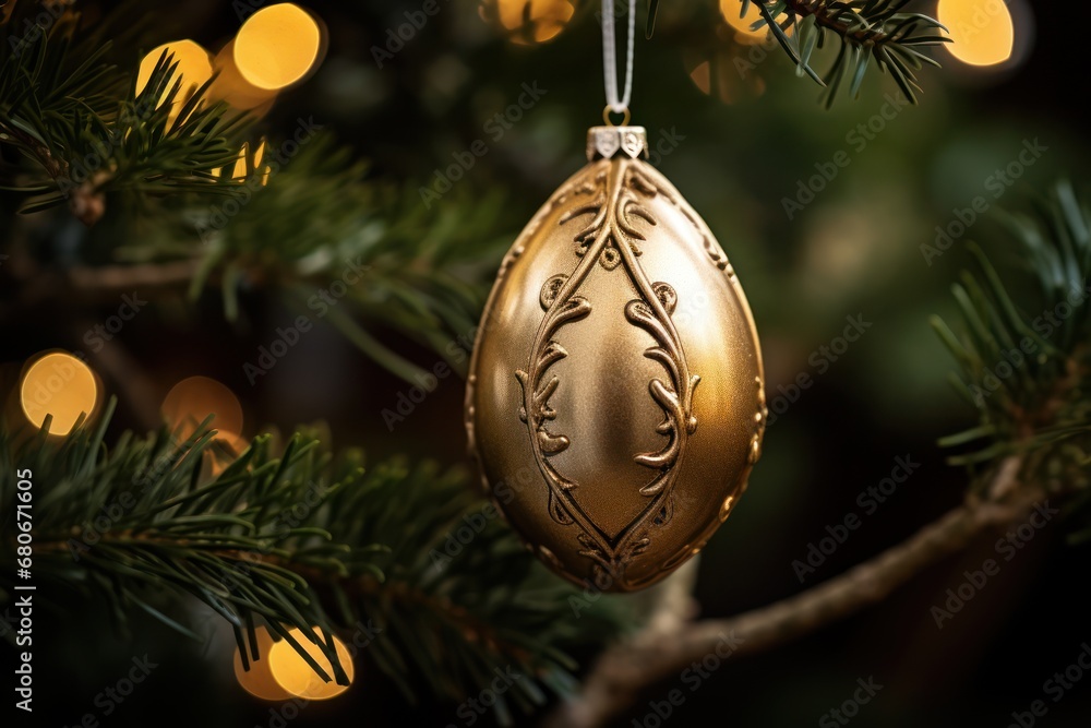 Poster a gold ornament hanging from a christmas tree with lights in the backgroung of it and a tree branch 