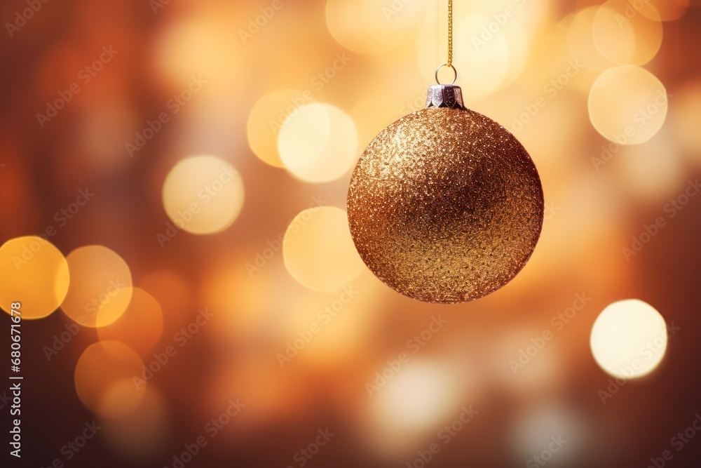 Poster a gold ornament hanging from a string on a brown background with boke of lights in the background.