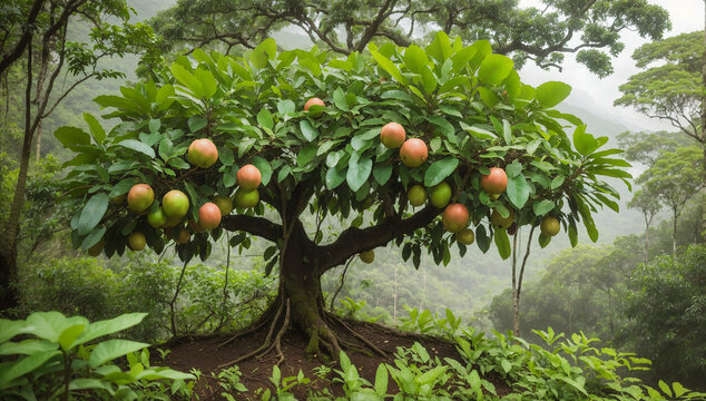 A guava tree in a lush, rainforest setting, with vibrant green leaves and ripe guavas - AI Generative