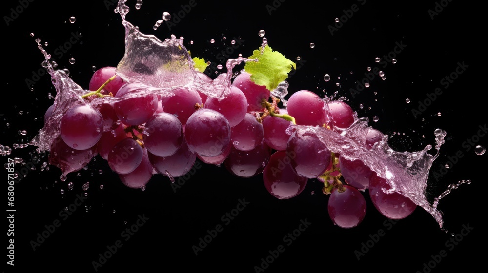 Aufkleber a bunch of grapes with water splashing out of them on a black background with a green leaf on the le