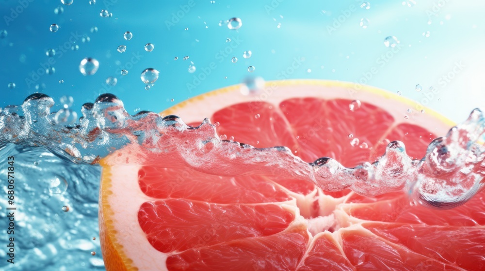 Poster a grapefruit cut in half with water splashing on the top and bottom of the grapefruit.