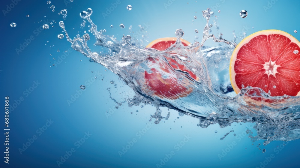 Poster a grapefruit and a grapefruit are in the water with a splash of water on top of it.