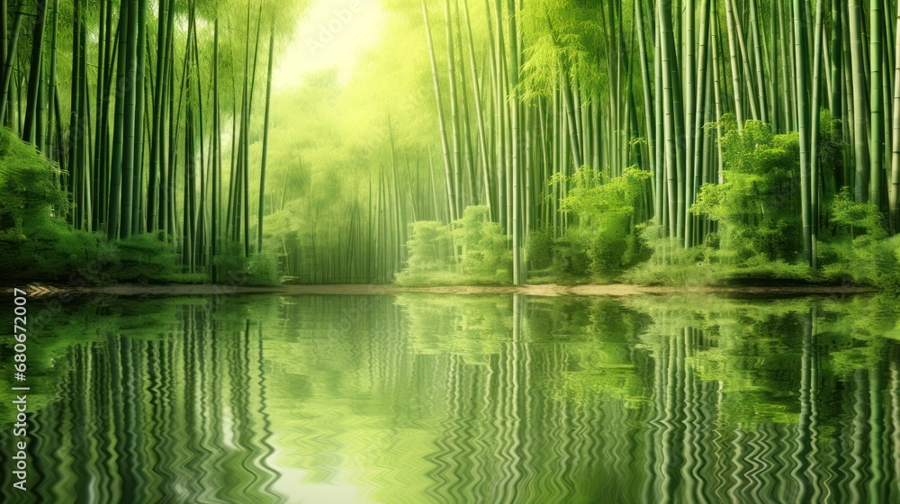 Poster a painting of a green forest with a lake in the foreground and a reflection of the trees in the wate