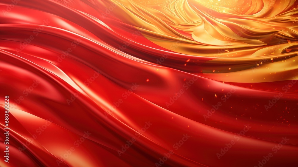 Poster a close up of a red and gold background with a sun in the middle of the image and a wave of red and 