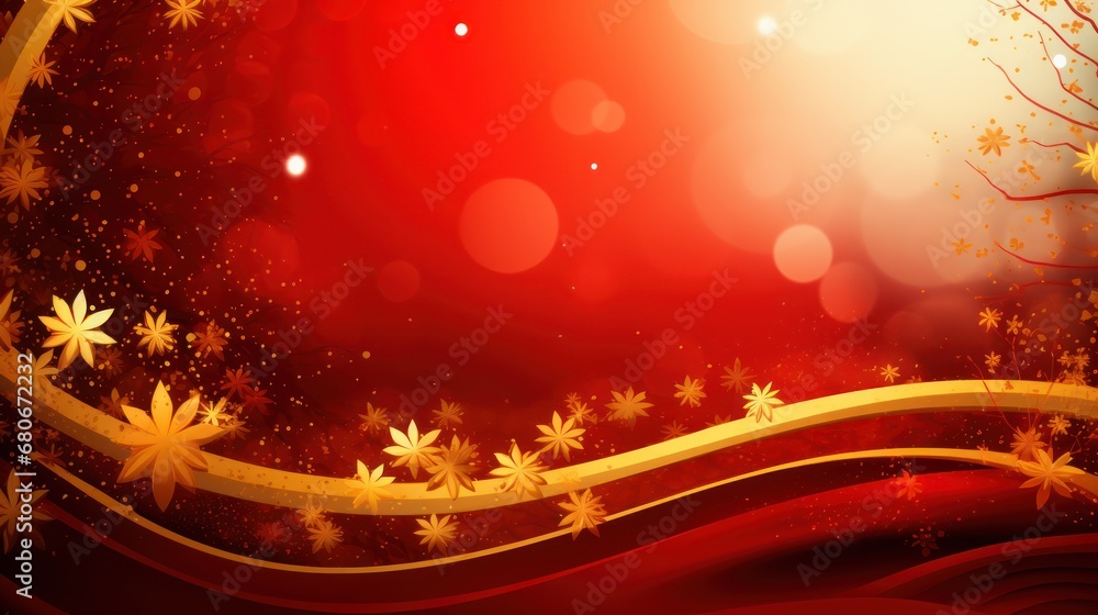 Poster  a red and gold christmas background with snowflakes and a tree on the right side of the frame and a red background with snowflakes and stars on the left side.