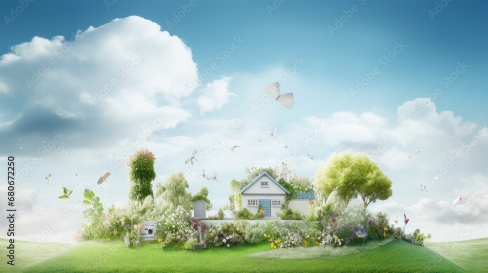 Poster a painting of a house in the middle of a field with trees and butterflies in the sky above it and a 