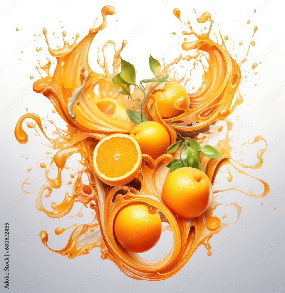 Poster a group of oranges with orange juice splashing out of them and leaves on top of the oranges.