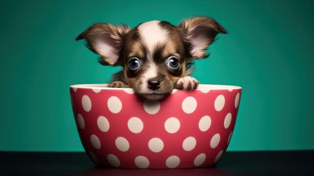  a small brown and white dog sticking its head out of a red and white polka dot cup with a green background.
