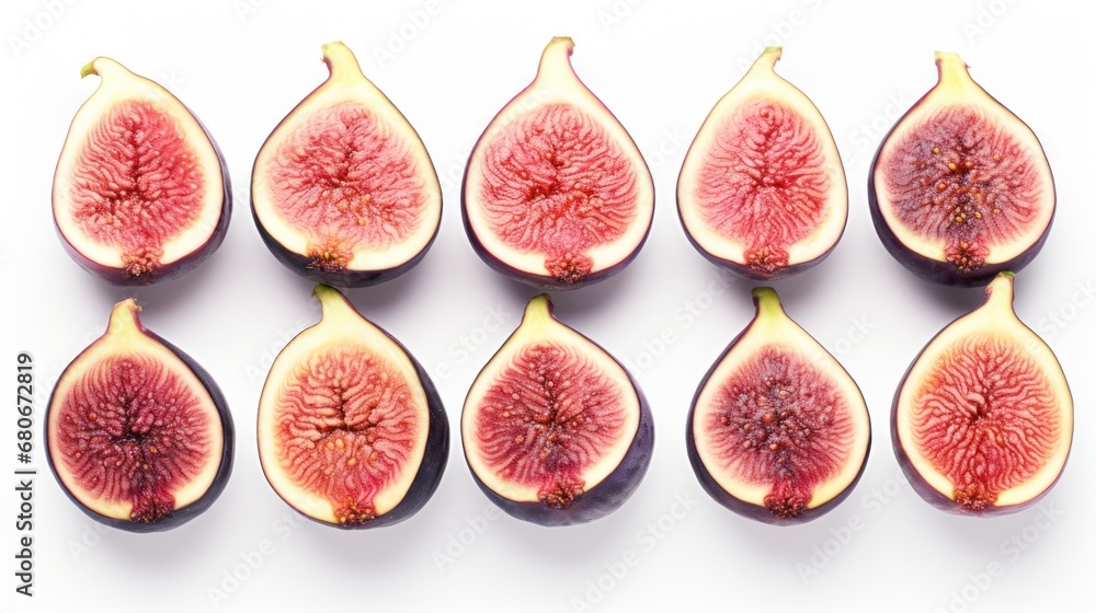 Poster a group of figs cut in half on a white background with one cut in half to show the inside of the fru