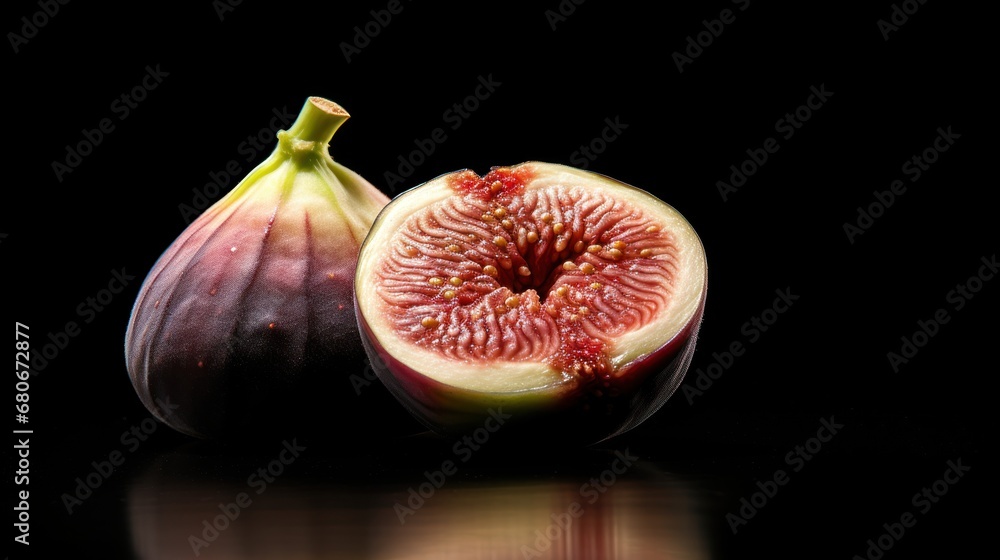 Poster a close up of a fig and a half of a fig on a black background with a reflection on the floor.