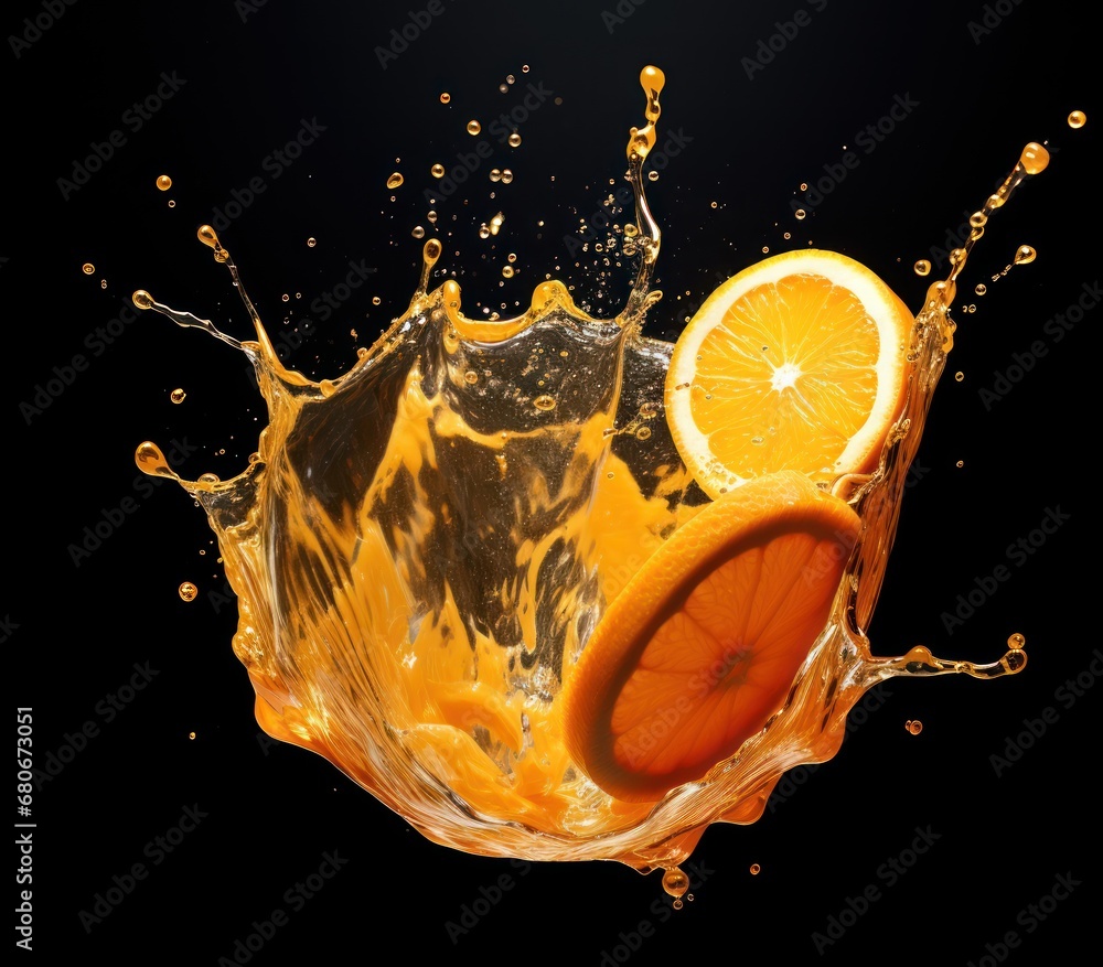 Aufkleber an orange splashing into the water with a slice of orange in the middle of the water and a slice of 